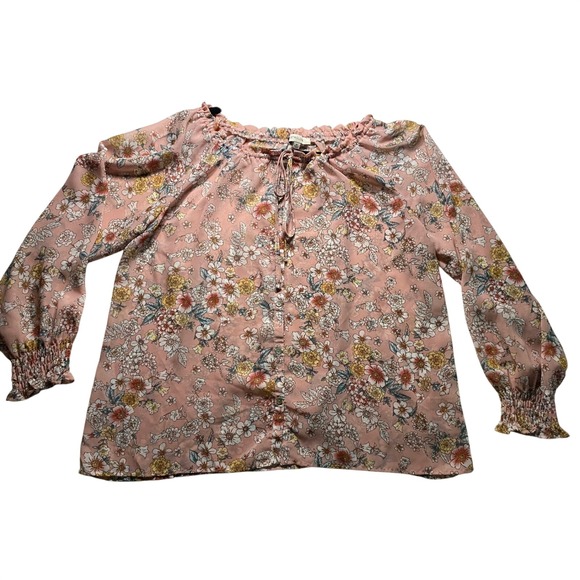 Astrologie Tops - Astrologie Pink Floral Peasant Blouse XL Button Front Smocked Cuff Ruffle Neck